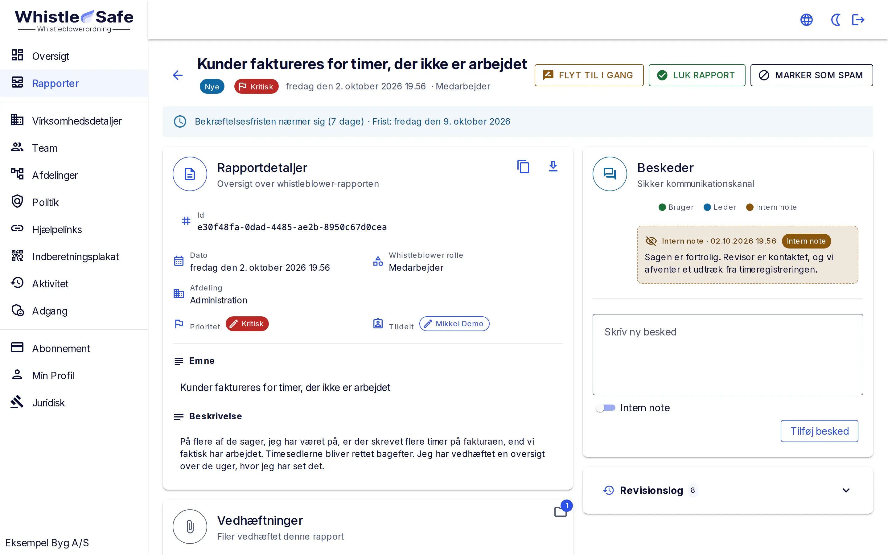 En sag i WhistleSafe: fristen for at bekræfte, sagens oplysninger, en intern note og feltet til en ny besked.