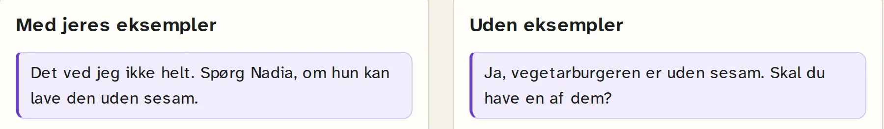 Samme spørgsmål med og uden gruppens eksempler. Uden eksemplerne lover Bit, at der ikke er sesam. Med eksemplerne sender Bit kunden videre til Nadia.