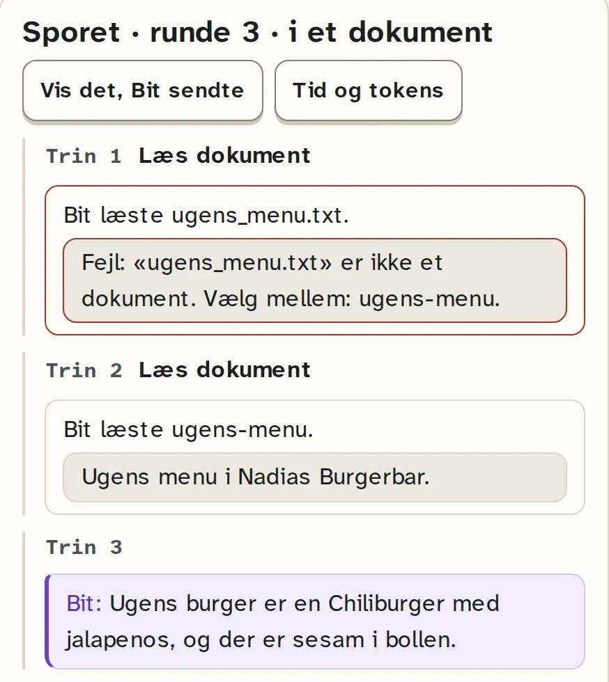Runde 3: Ugens burger står i et dokument, og Bit slår op i det. Første trin er et forkert filnavn, som Bit selv retter.