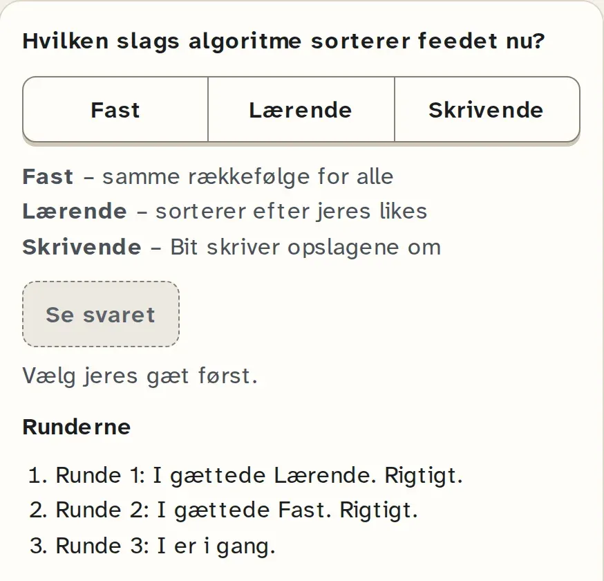 Gruppen gætter, hvilken slags algoritme der sorterer feedet: fast, lærende eller skrivende. Under står, hvad de gættede i de første to runder.
