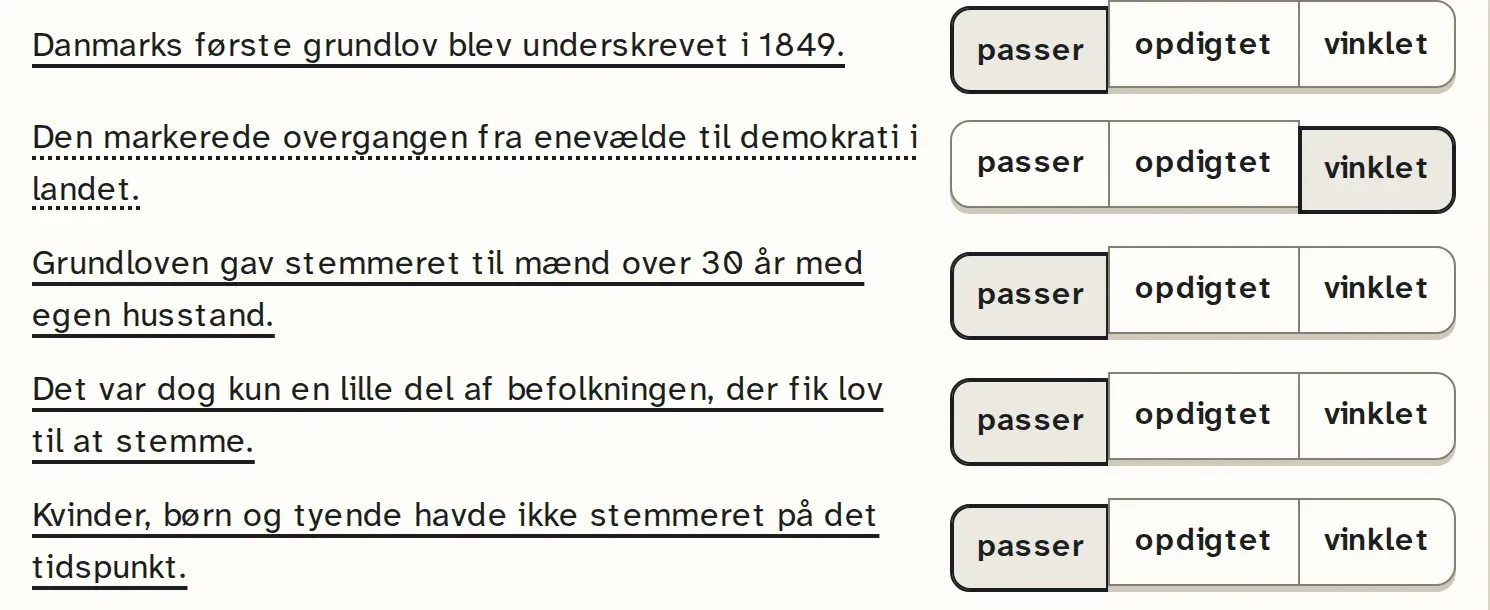 Runde 1, uden kilde: Gruppen har markeret hver af Bits fem sætninger efter at have læst kildearket.