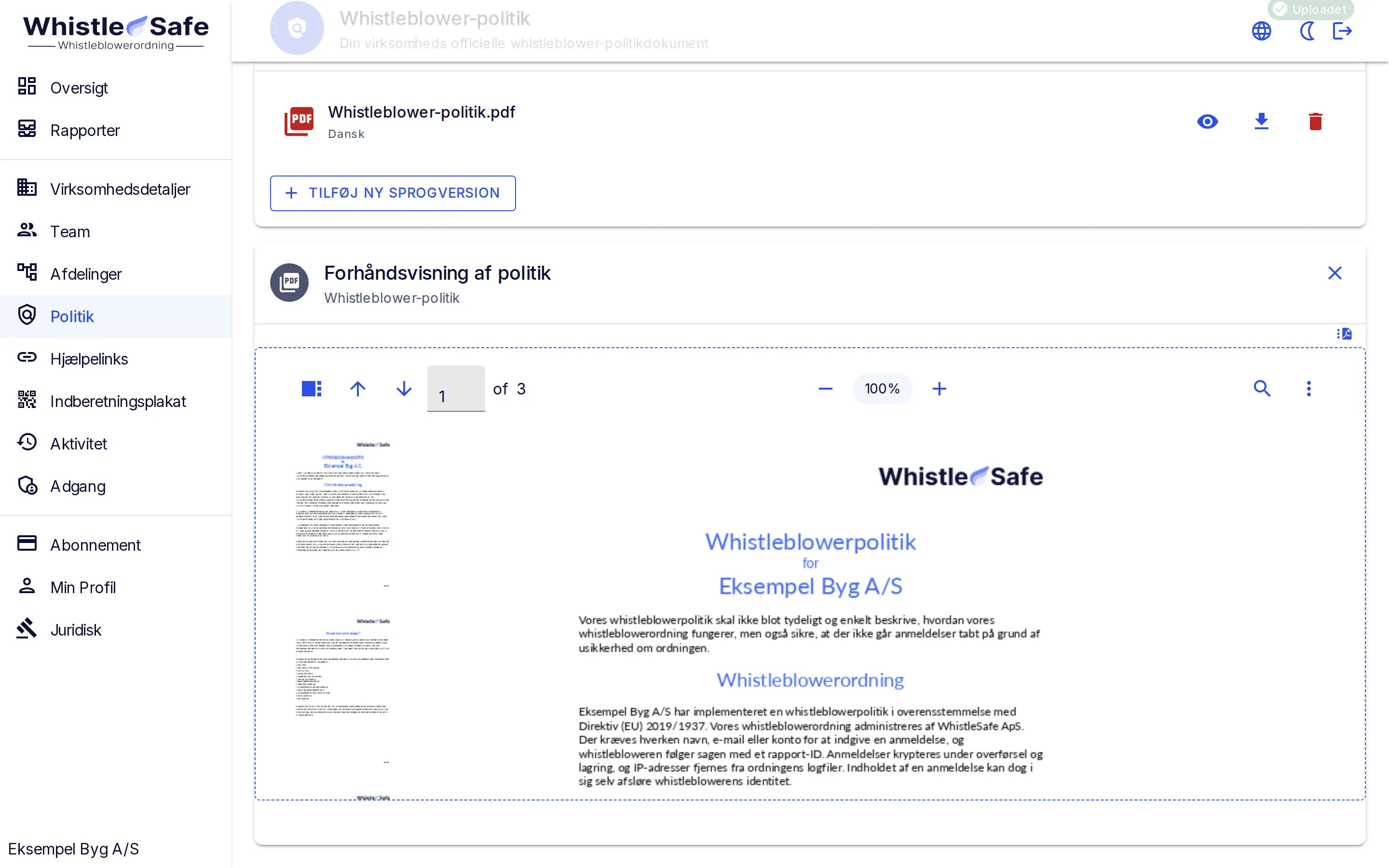 Whistleblowerpolitikken for Eksempel Byg A/S i appens forhåndsvisning.