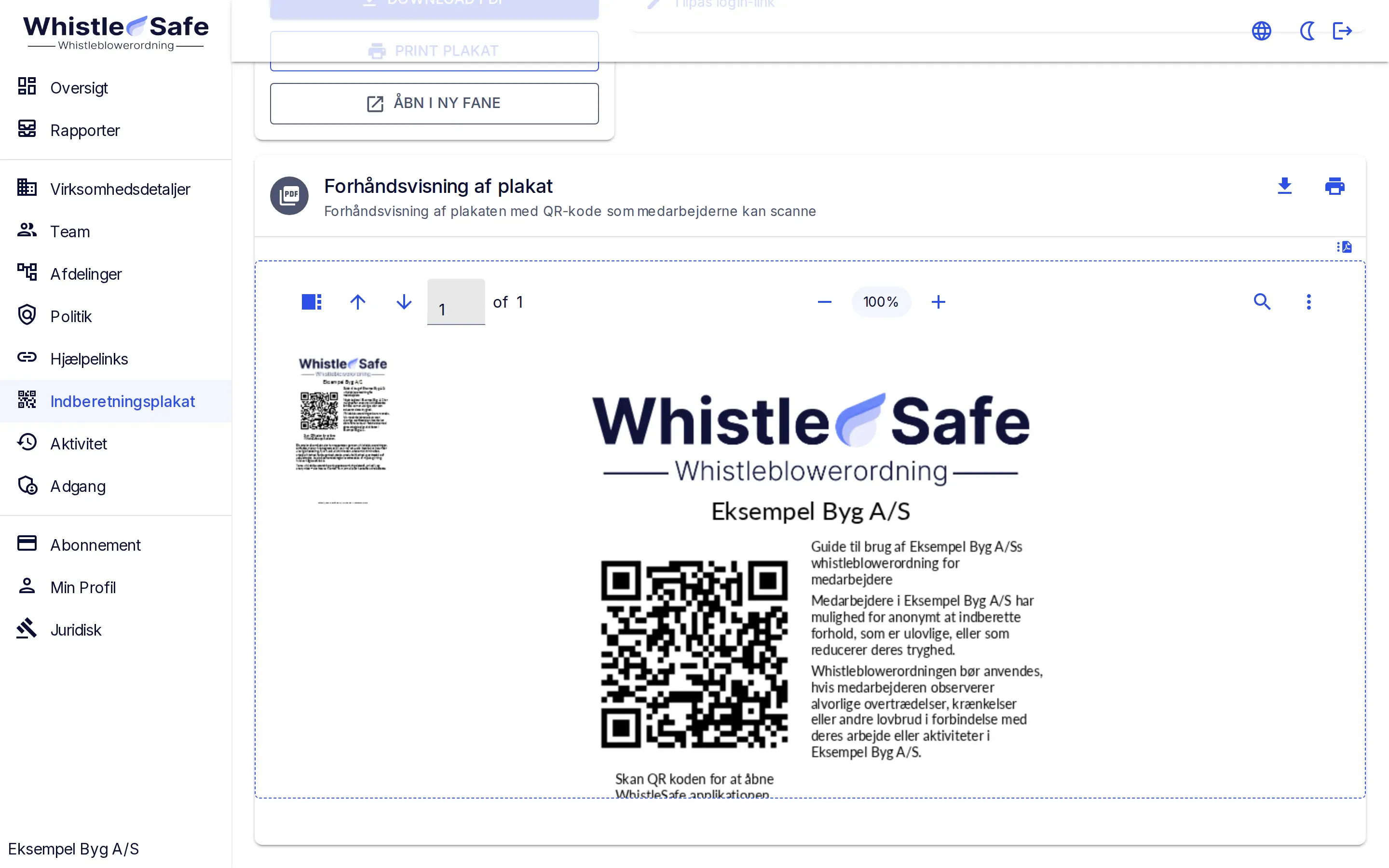 Plakaten med QR-kode til Eksempel Byg A/S, som den ser ud i appen før print.