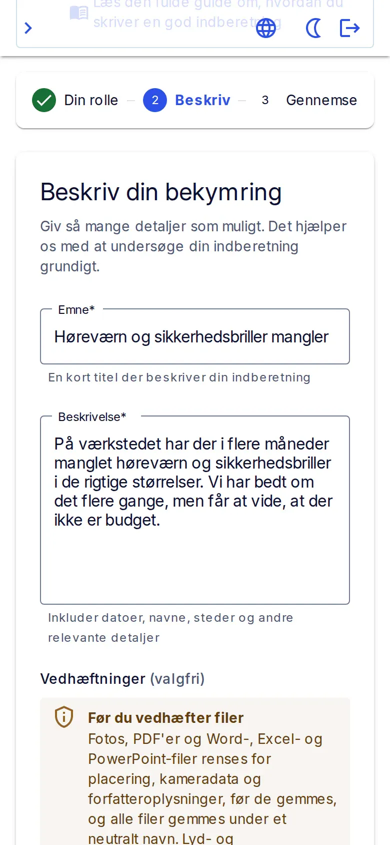 Indberetningen på en telefon, trin 2 af 3: emne og beskrivelse. Der er ingen felter til navn.