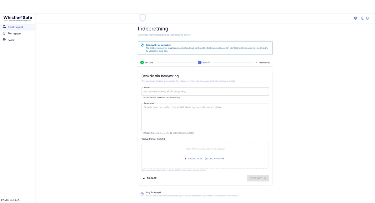 Skærmbillede af WhistleSafe: en medarbejder opretter en anonym indberetning trin for trin (lyst tema)